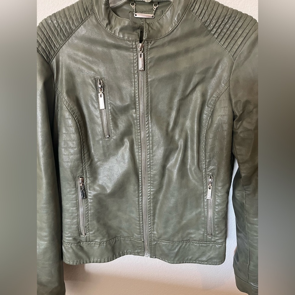 Faux, leather, green army biker jacket